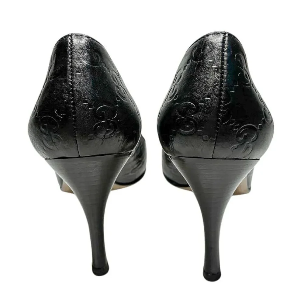 Gucci Black Double GG Monogram Logo Embossed Pointed Toe Heels Size 6 Pumps